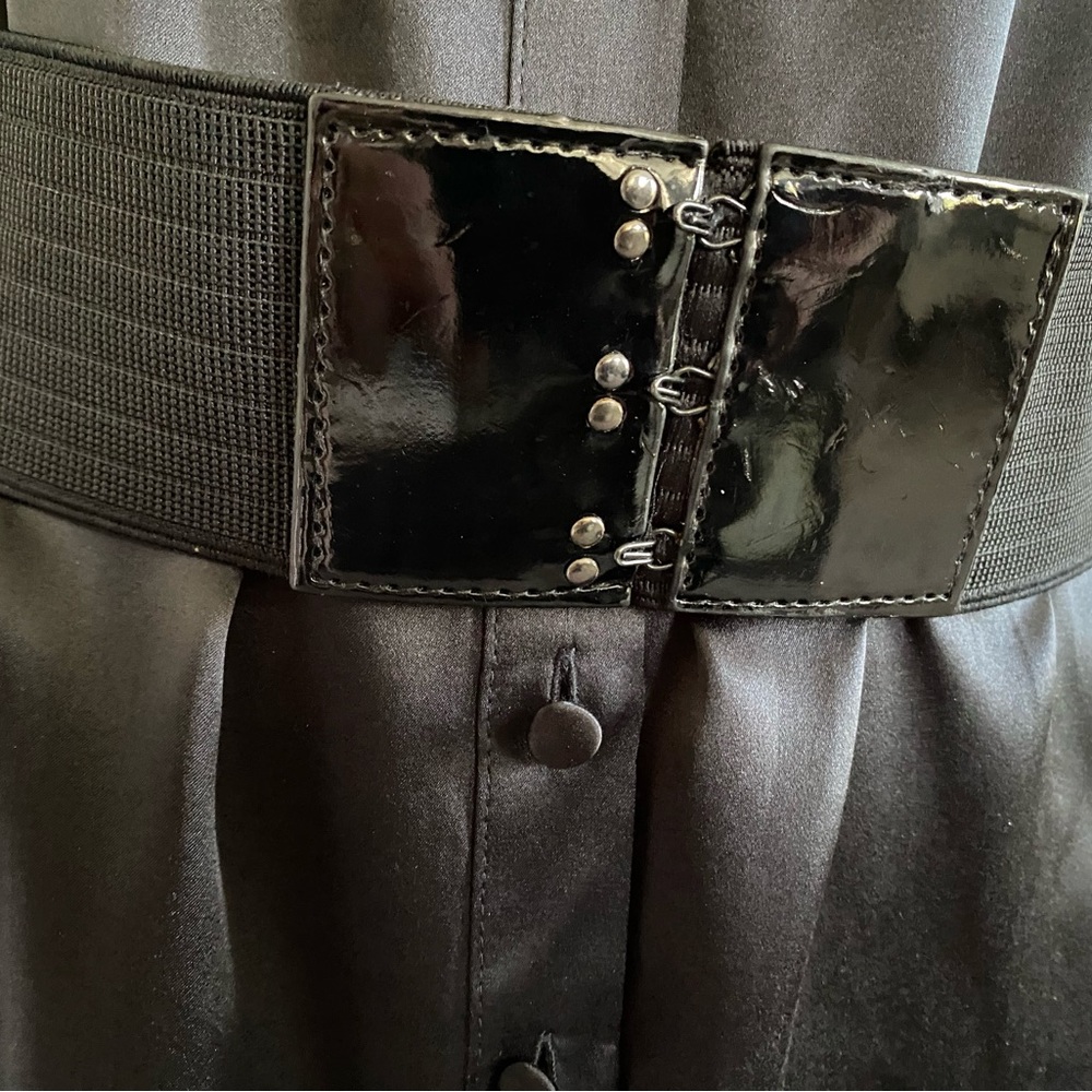 White House Black Market Black Satin Button-Front Blouse with Belt - Picture 8 of 8